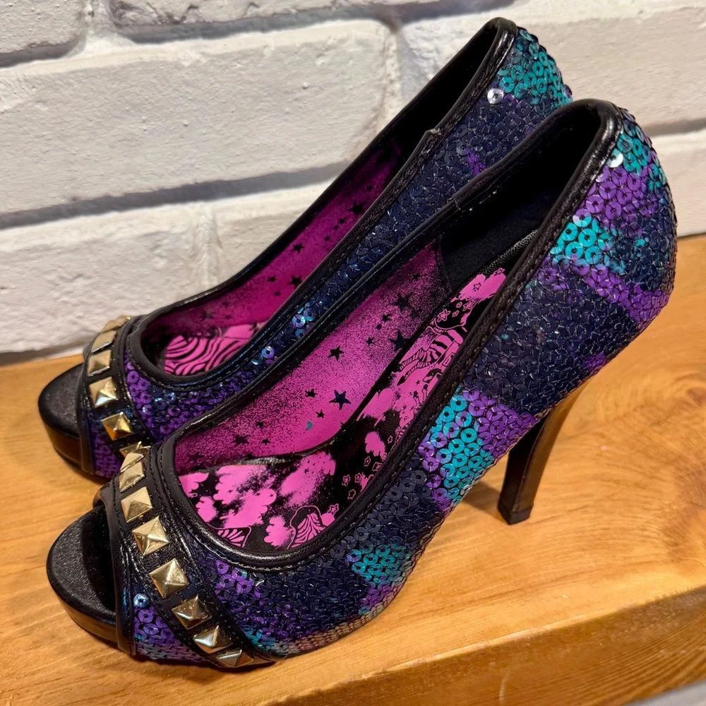 Iron Fist Sequin Platform Heels Purple Turquoise Studded Peep Toe Pumps Size 5